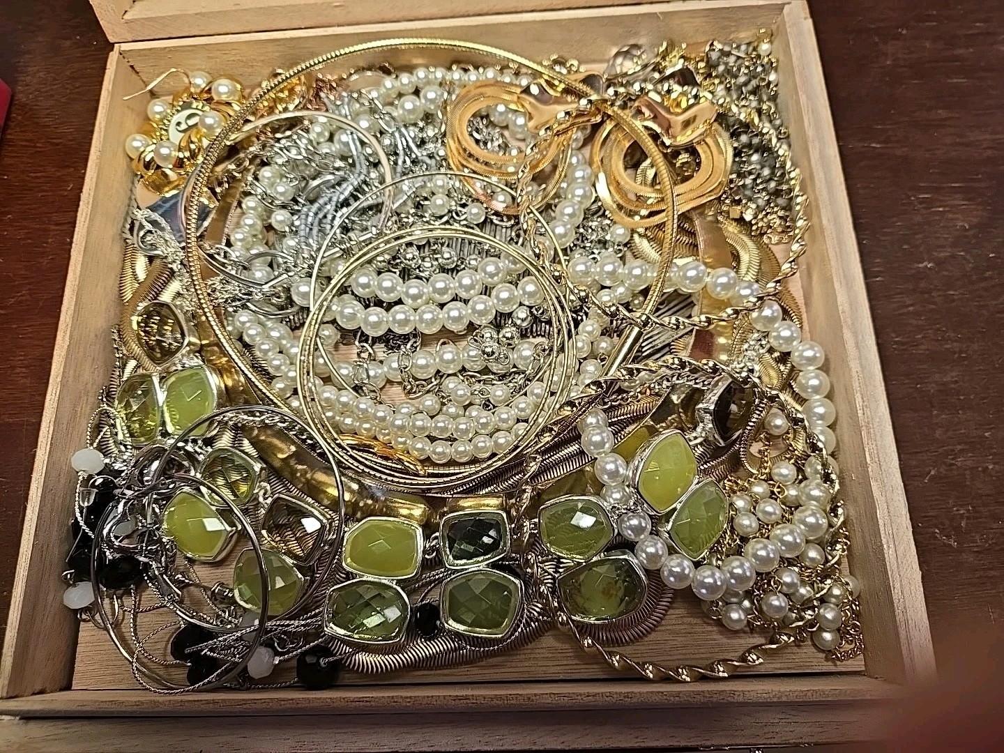 Beautiful Vintage Mystery Jewelry Lot In A Vintage Cigar Box.