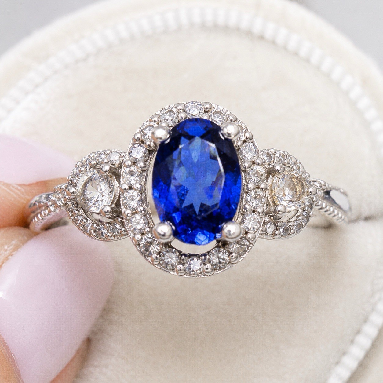VTG Graziano 925 Sterling Silver Simulated Blue Sapphire Oval Infinity Ring 8