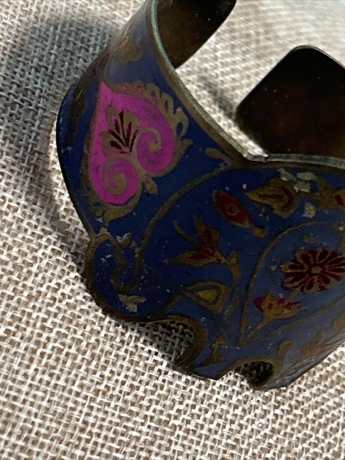 Vintage India Brass Enamel Painted Cuff Bracelet Elephant Floral Boho Blue VTG