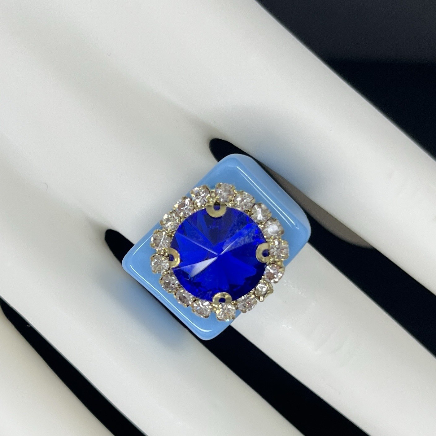 Chunky Lucite Ring Blue Rhinestone Size 7.5 Statement Retro