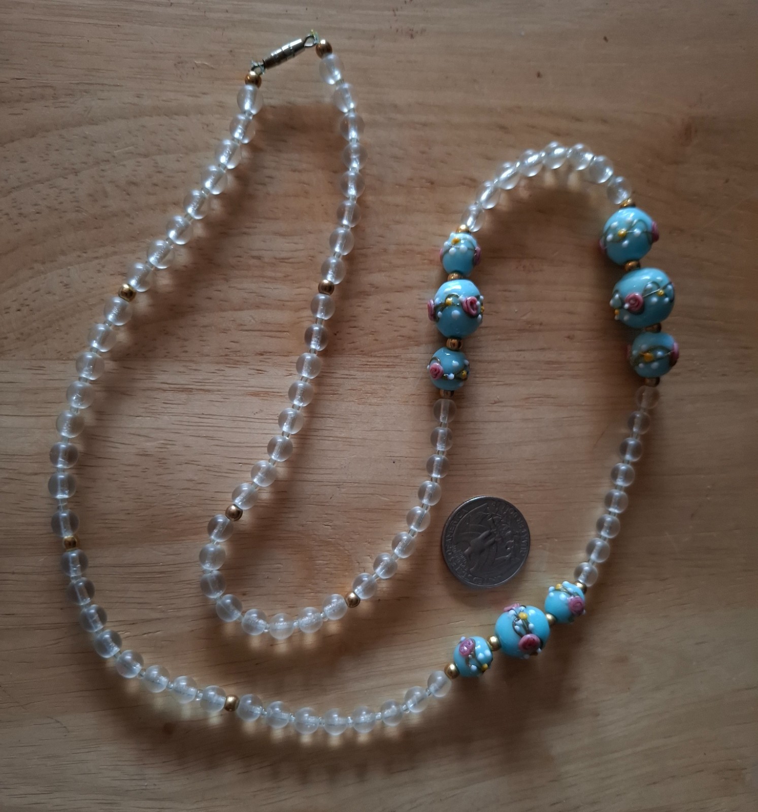 Vintage Jewelry Venetian Murano Blue Wedding Cake & White Glass Beads Necklace