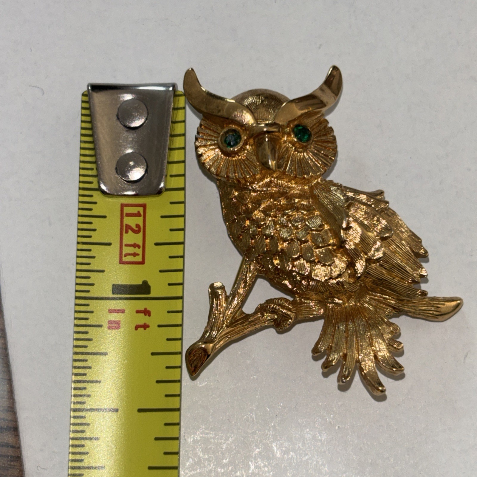 Vintage MONET Owl Brooch Pin with Green Rhinestone Eyes Gold Tone Setting