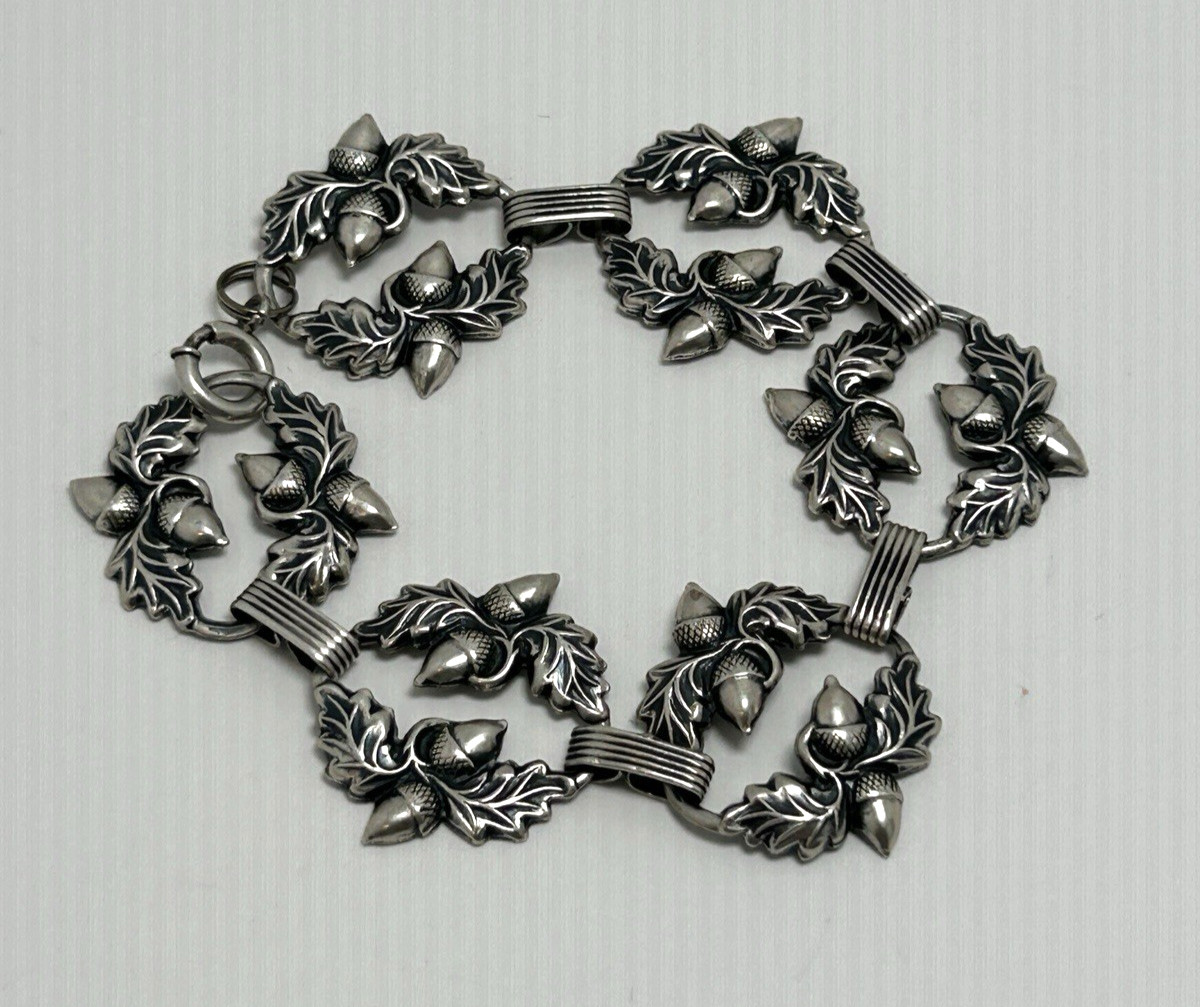 Vintage Danecraft Sterling Silver Acorn Oak Leaf Bracelet Matching Earrings Set