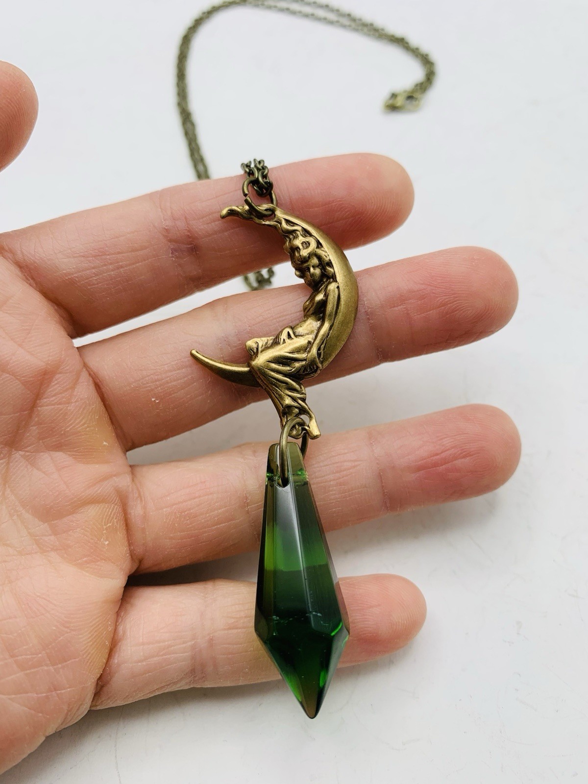 Vintage Art Nouveau Style Bronze Crescent Moon Goddess Green Drop-down Necklace