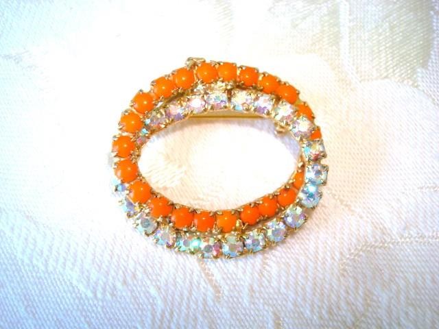 Vintage Entwined Ovals Brooch AB Rhinestones Orange Plastic Cabochons KJ