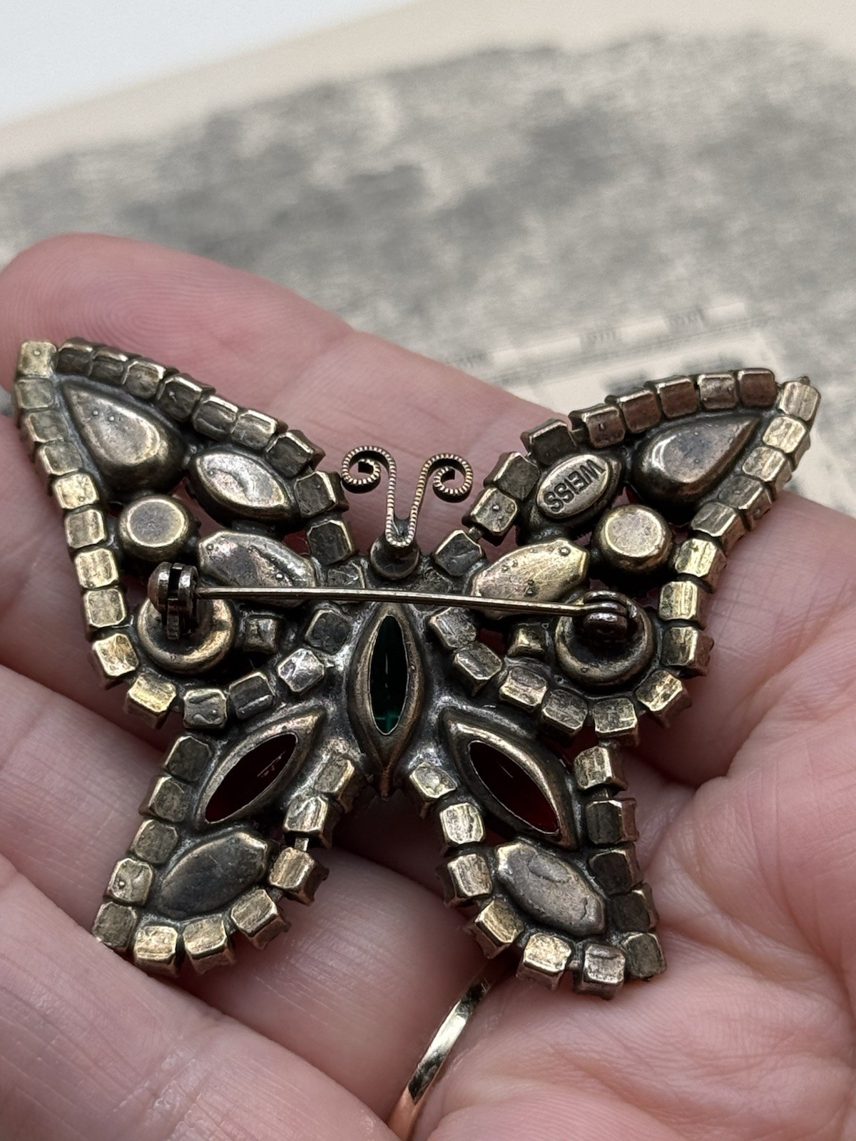 Weiss Butterfly Brooch Multicolor Rhinestone Figural Pin Signed 2.5” VINTAGE