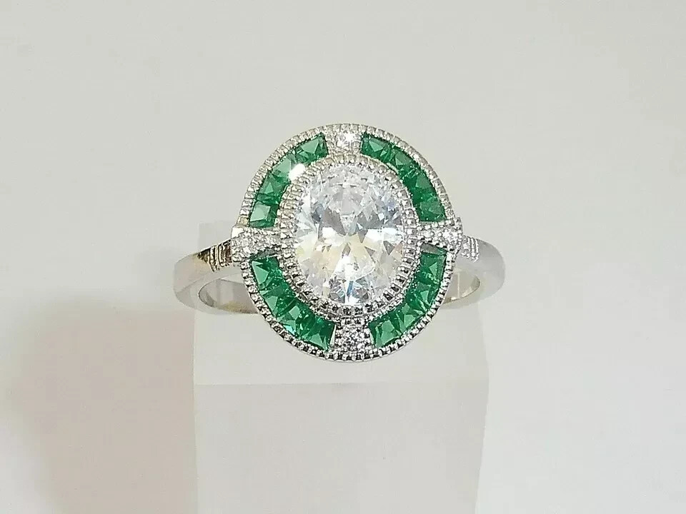 Art Deco Style Lab Created Diamond & Emerald Engagement 14K White Gold FN Ring