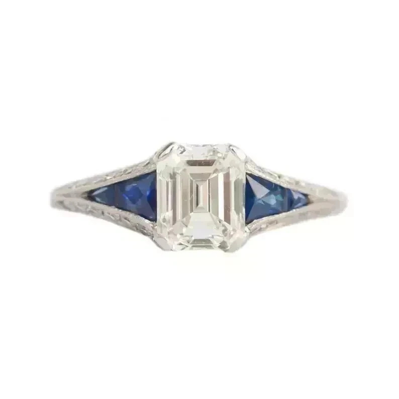 Art Deco Style Emerald Cut Lab Created Diamond 925 Silver Engagement Ring