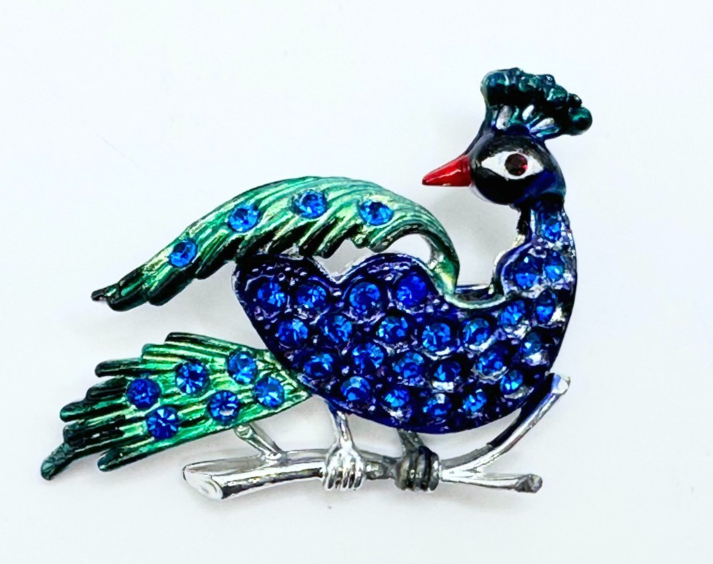 Silver Tone Multicolor Enamel & Cobalt Blue Rhinestones Peacock Brooch Vintage