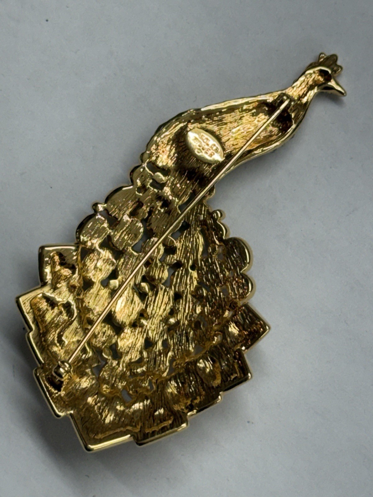 Vintage Nolan Miller Peacock Pin Brooch Goldtone Multicolored Crystals
