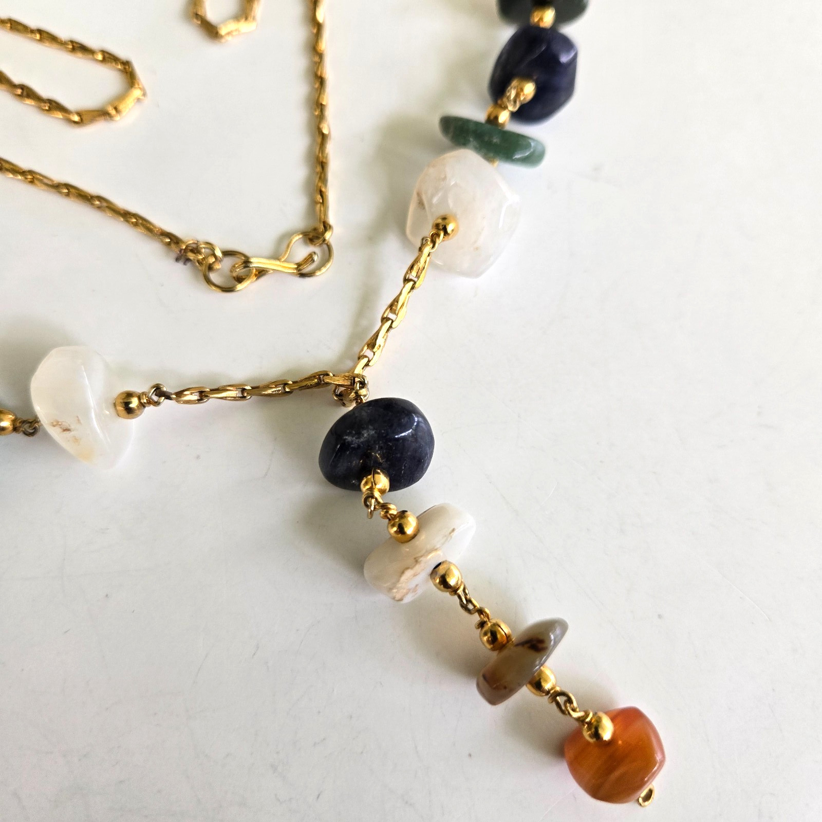 Vintage Agate Nugget Bead Gold Tone Elongated Chain Y Drop Necklace 24.75″