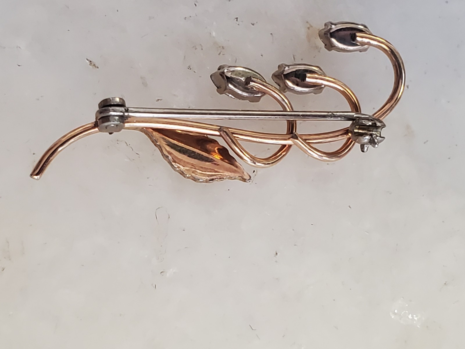 Vintage Krementz NIB 2 Tone Yellow Rose Gold Plated Leaf Crystal Pin