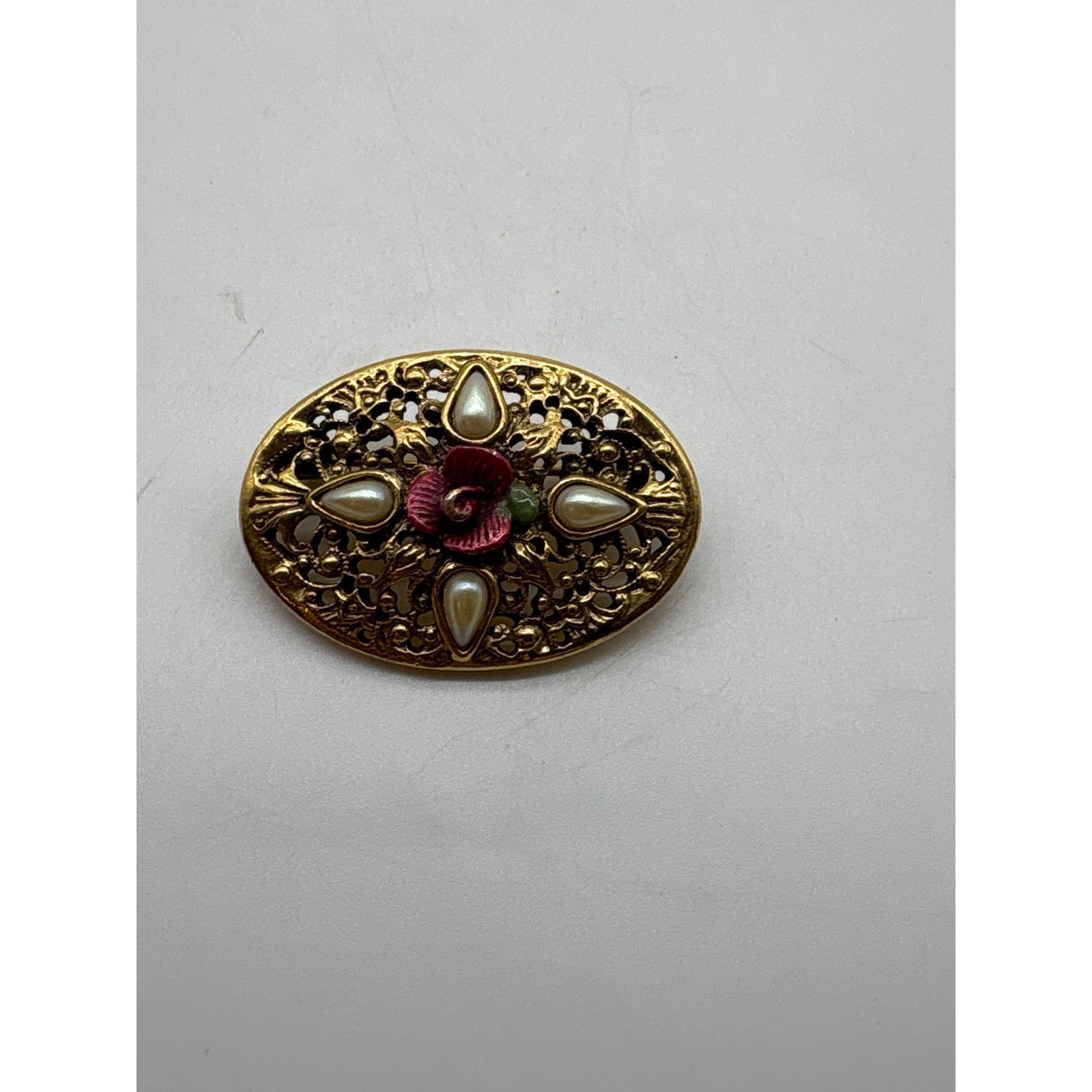 Vintage Victorian Revival Gold Tone Filigree Oval Brooch Faux Pearl Red Rose