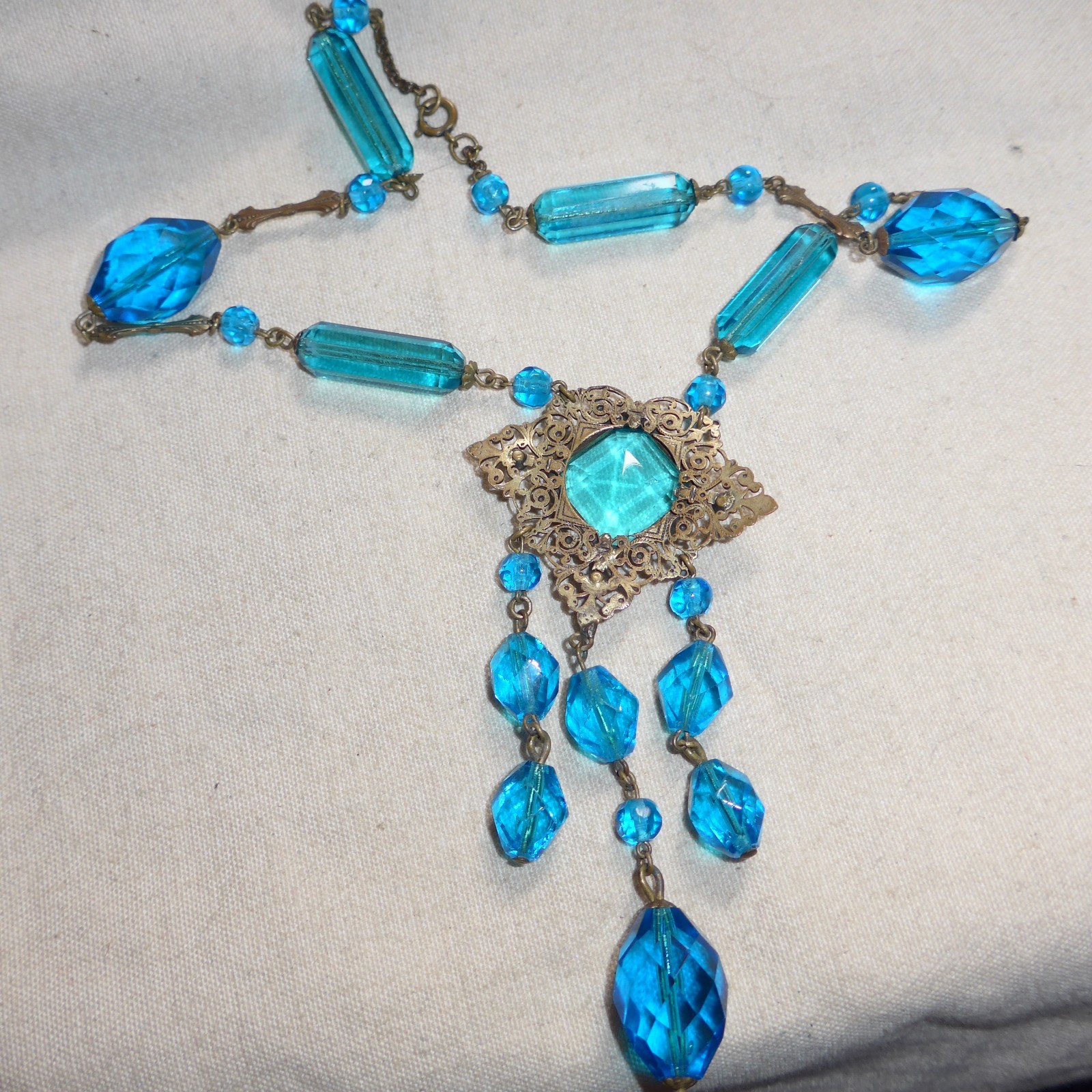 Vtg Czech Czechoslovakia Art Deco Blue Glass Crystal Brass Necklace 18″