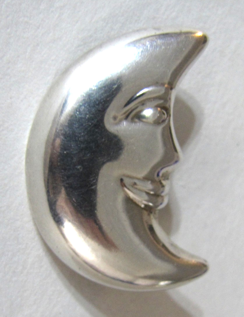 Sterling Silver Crescent Moon Pin Brooch Celestial Smiling Face Vintage SU 925