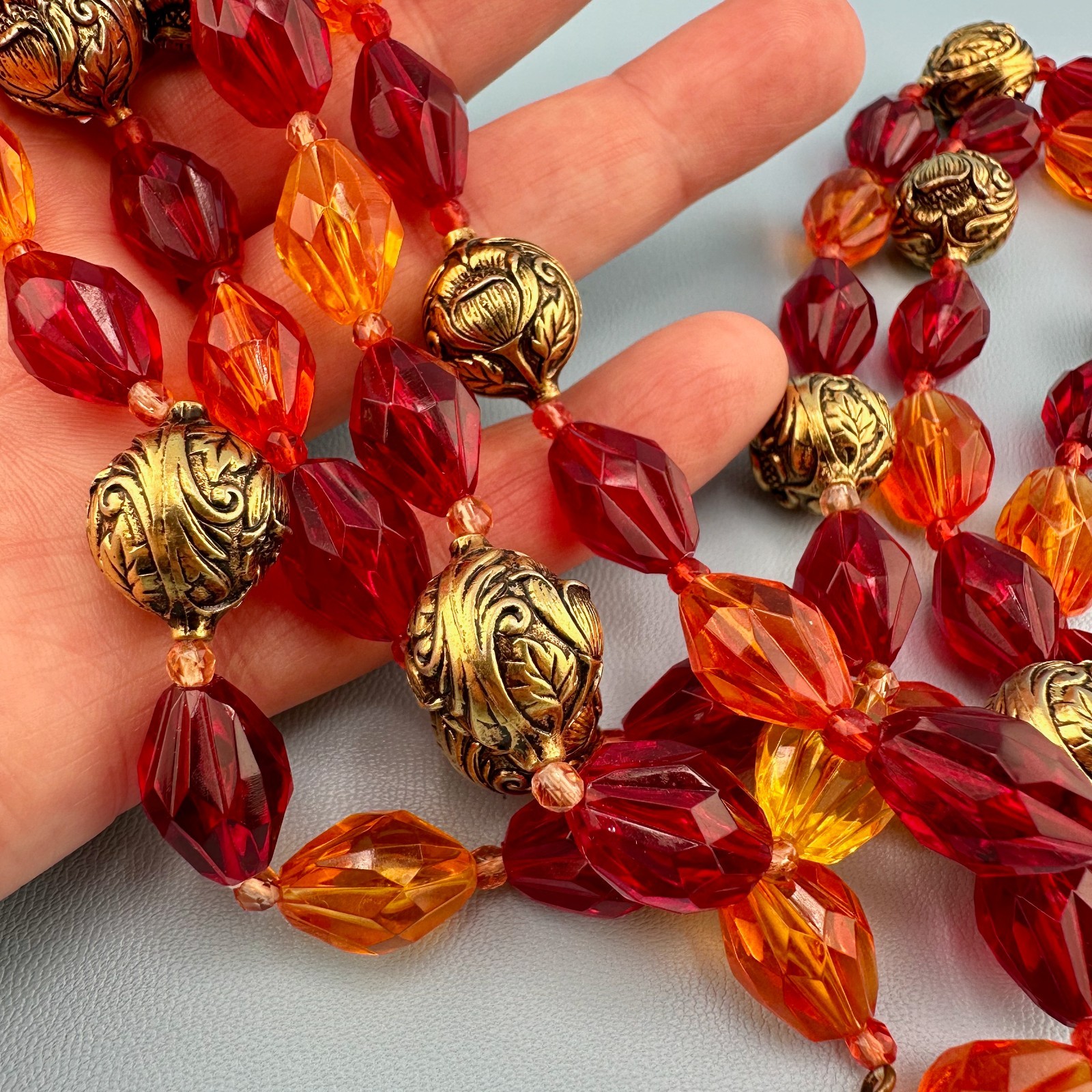 Vintage Lucite Bead Gypsy Necklace Faceted Red Orange Gold Tone Floral 46″ Boho