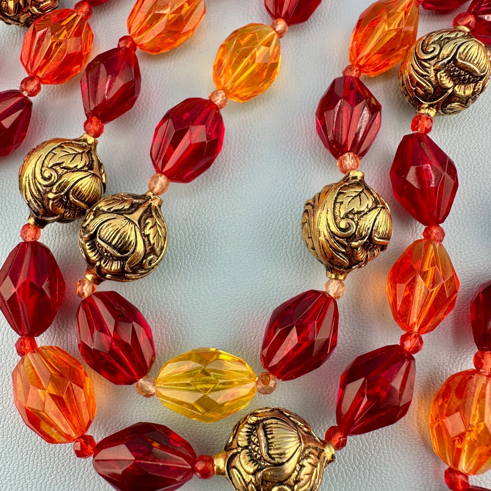Vintage Lucite Bead Gypsy Necklace Faceted Red Orange Gold Tone Floral 46″ Boho