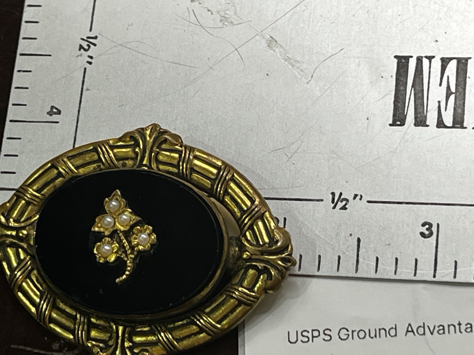 Victorian/Mourning Style VTG. Repousse Brass Black Glass Brooch Faux Pearl 2 1/8