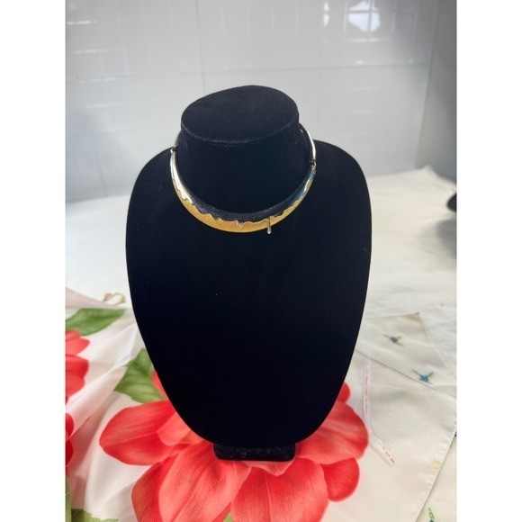 Vintage Two Tone Gold Silver Textured Drip Collar Choker Statement Necklace