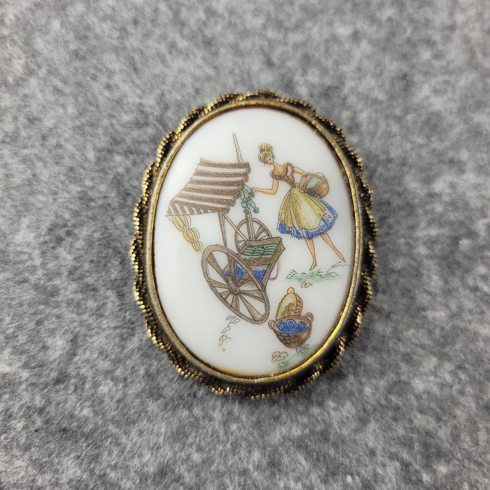 Vintage Lady Fruit and Vegetable Seller Cameo Gold Tone Brooch