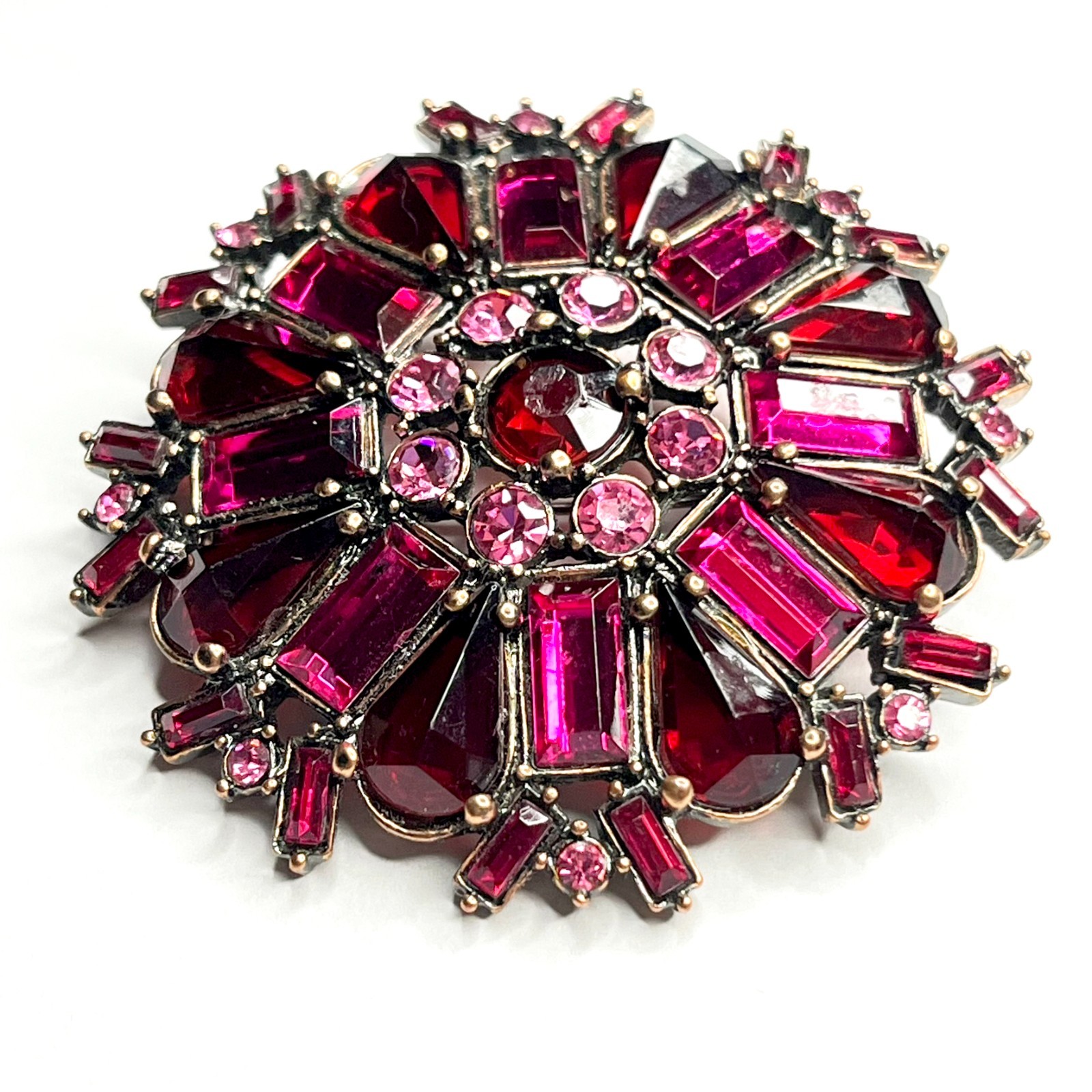 VTG Large Flower Snowflake Brooch Pin Red Fuchsia Pink Purple Glass Rhinestones