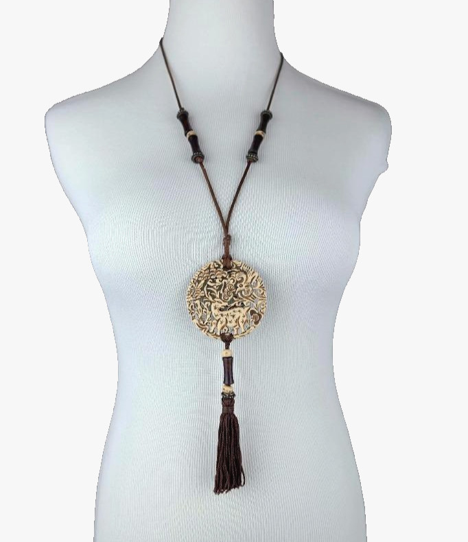 VTG 60s CROWN TRIFARI Carved Deer Pendant Necklace Satin Cord Wooden Beads