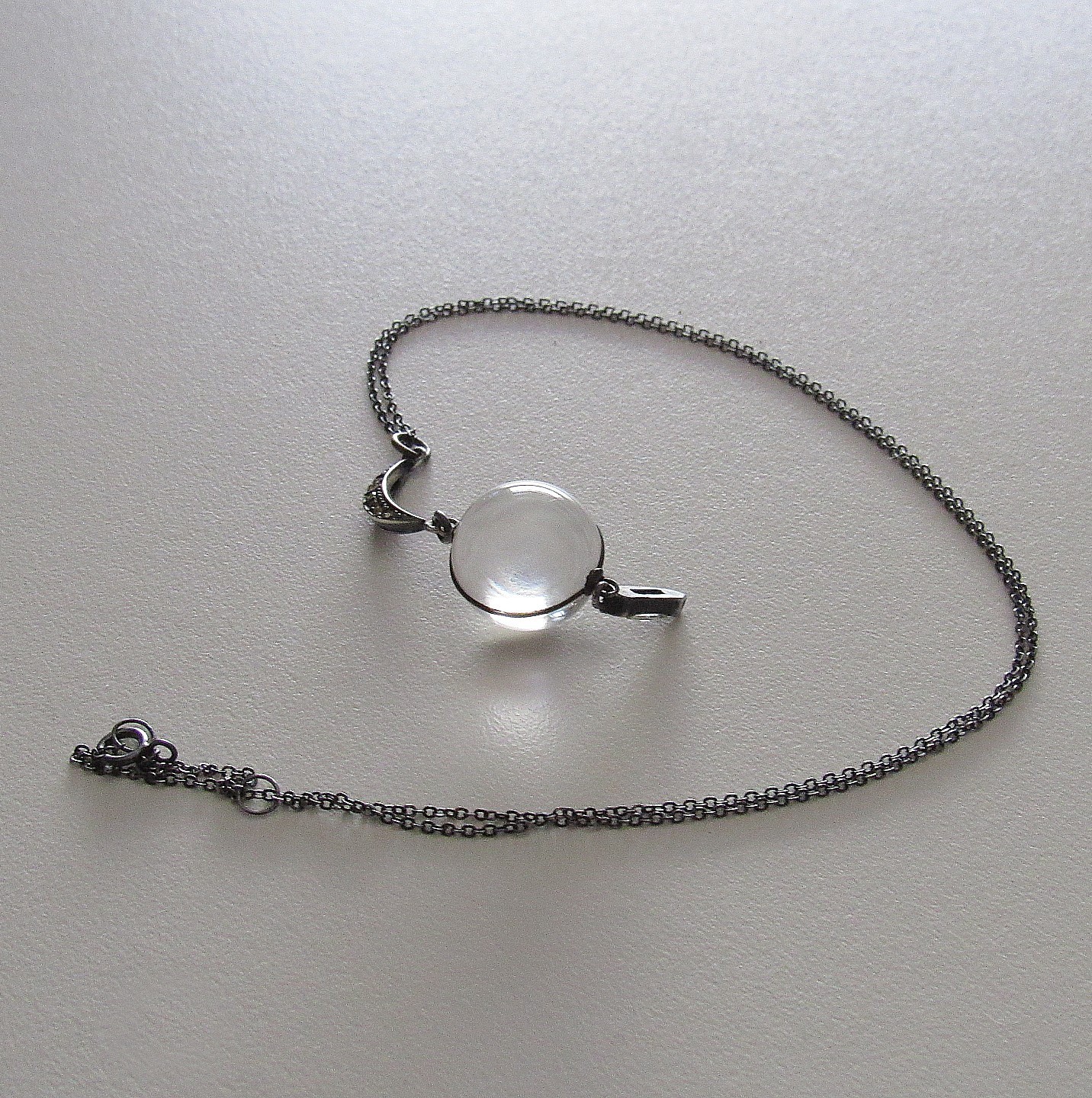 Art Deco Pools of Light Rock Quartz Orb Sterling Silver Necklace
