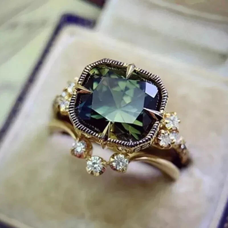 Art Deco Style Lab-Created Diamond & Emerald Engagement 14K Yellow Gold FN Ring