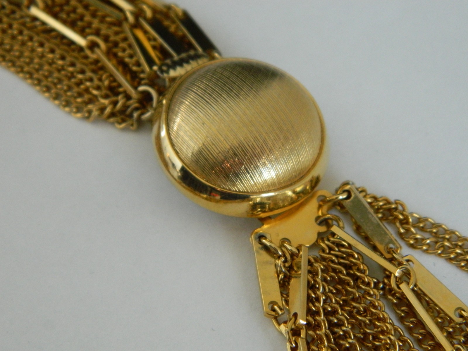Vintage Mid Century Multi Strand Layered Fancy Link Choker Necklace Gold Tone