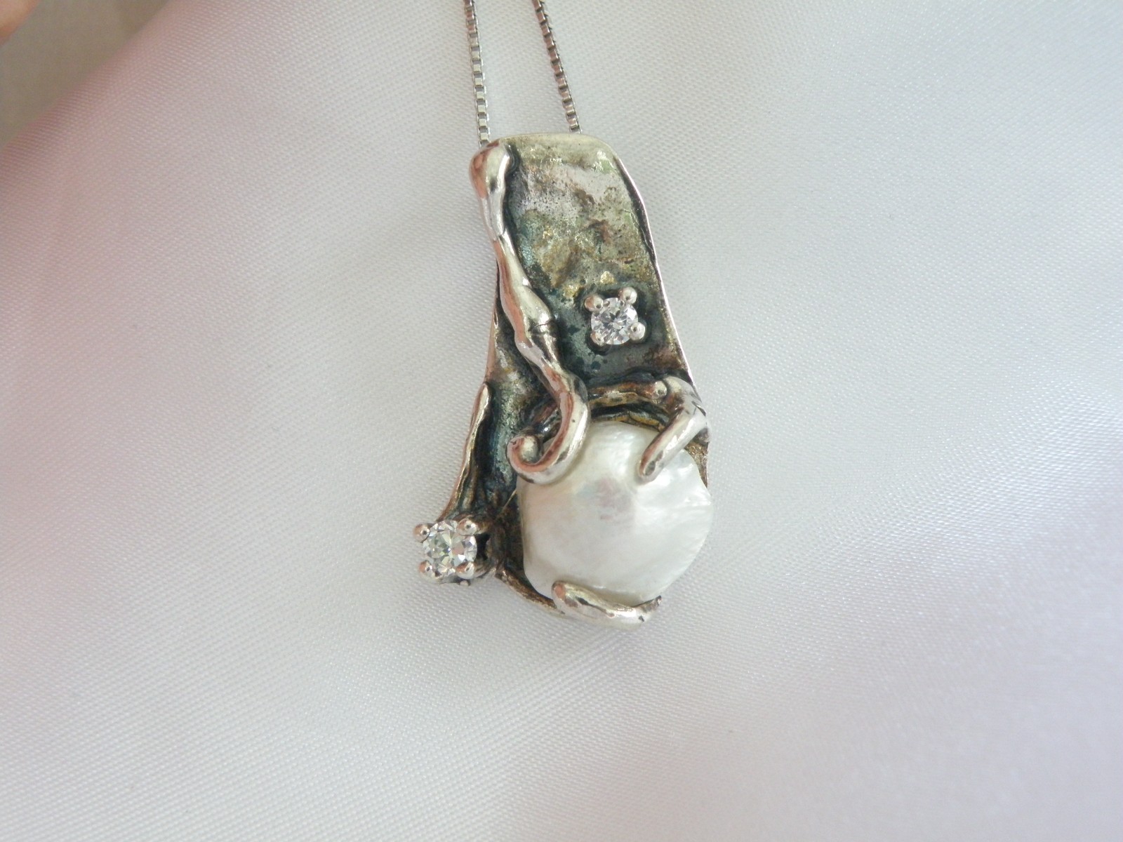 Brutalist Sterling Silver 925 Baroque Pearl Modernist Pendant Necklace