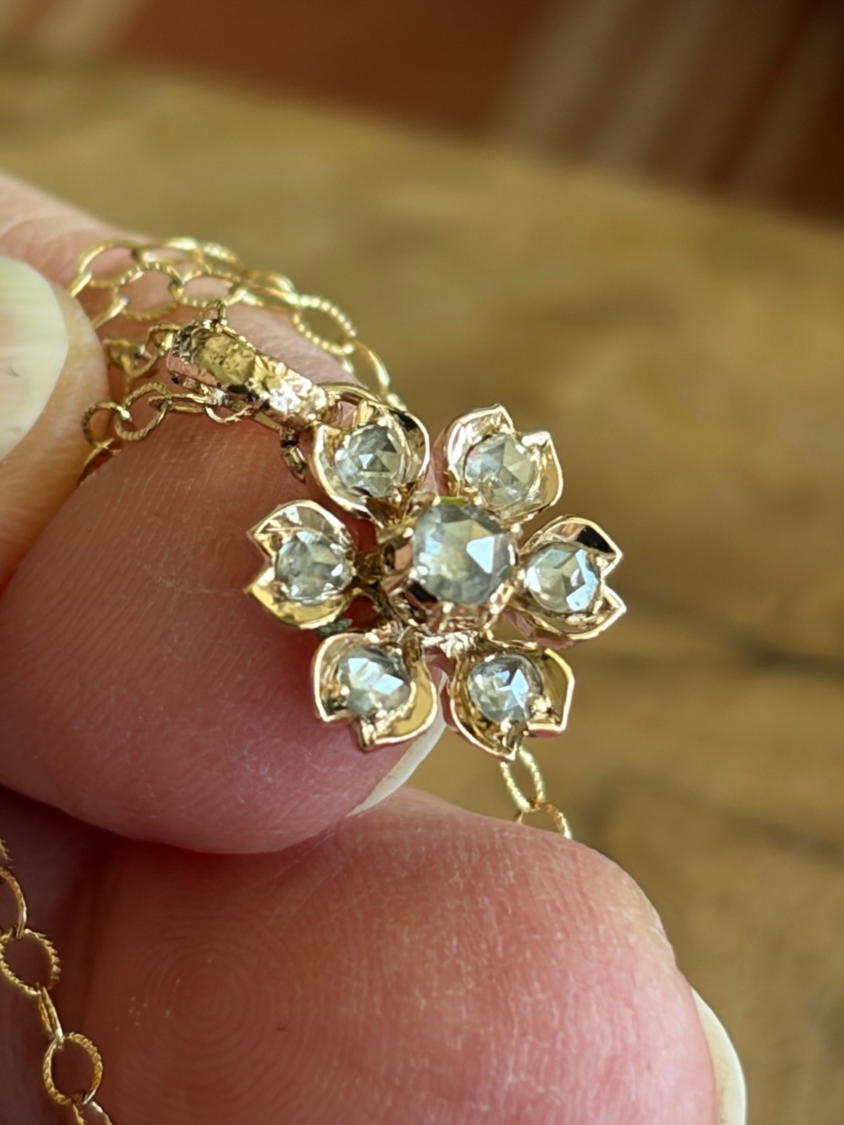 Antique 14KT Gold Diamond Rose Cut Flower Pendant On Gold filled Chain