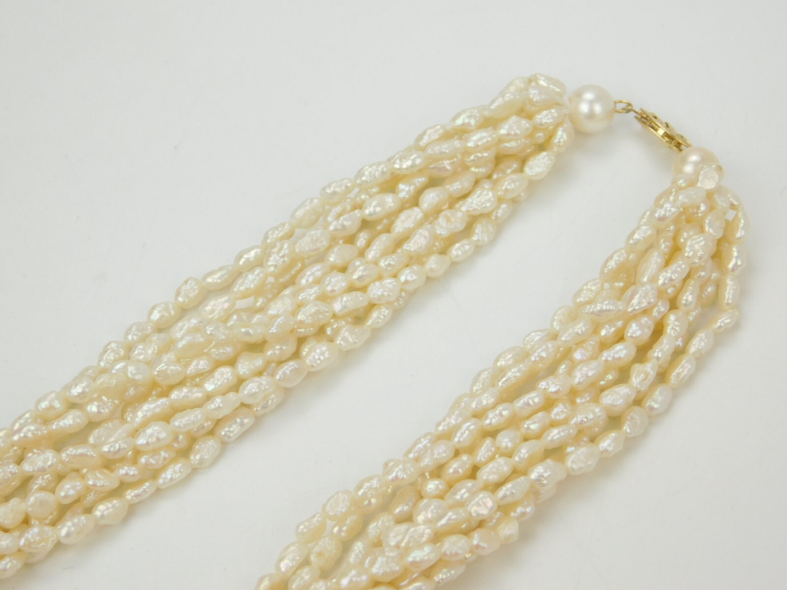 VTG 14k Gold JCM 14k Gold Multi 10 Strand Rice Pearl Necklace 17″ Long 61.6g