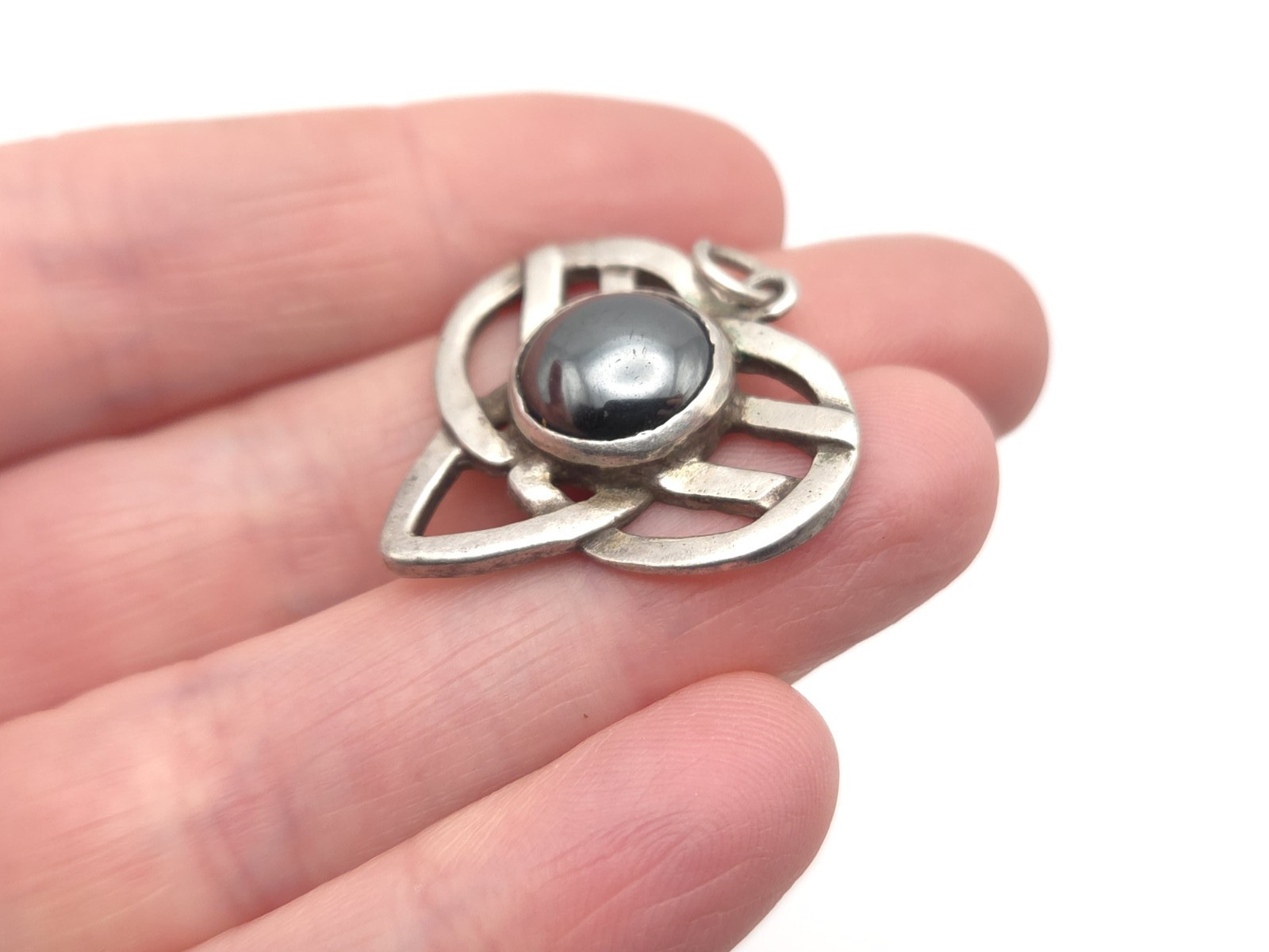 Vintage Sterling Silver Hematite Stone Celtic Knot Heart Pendant for Necklace