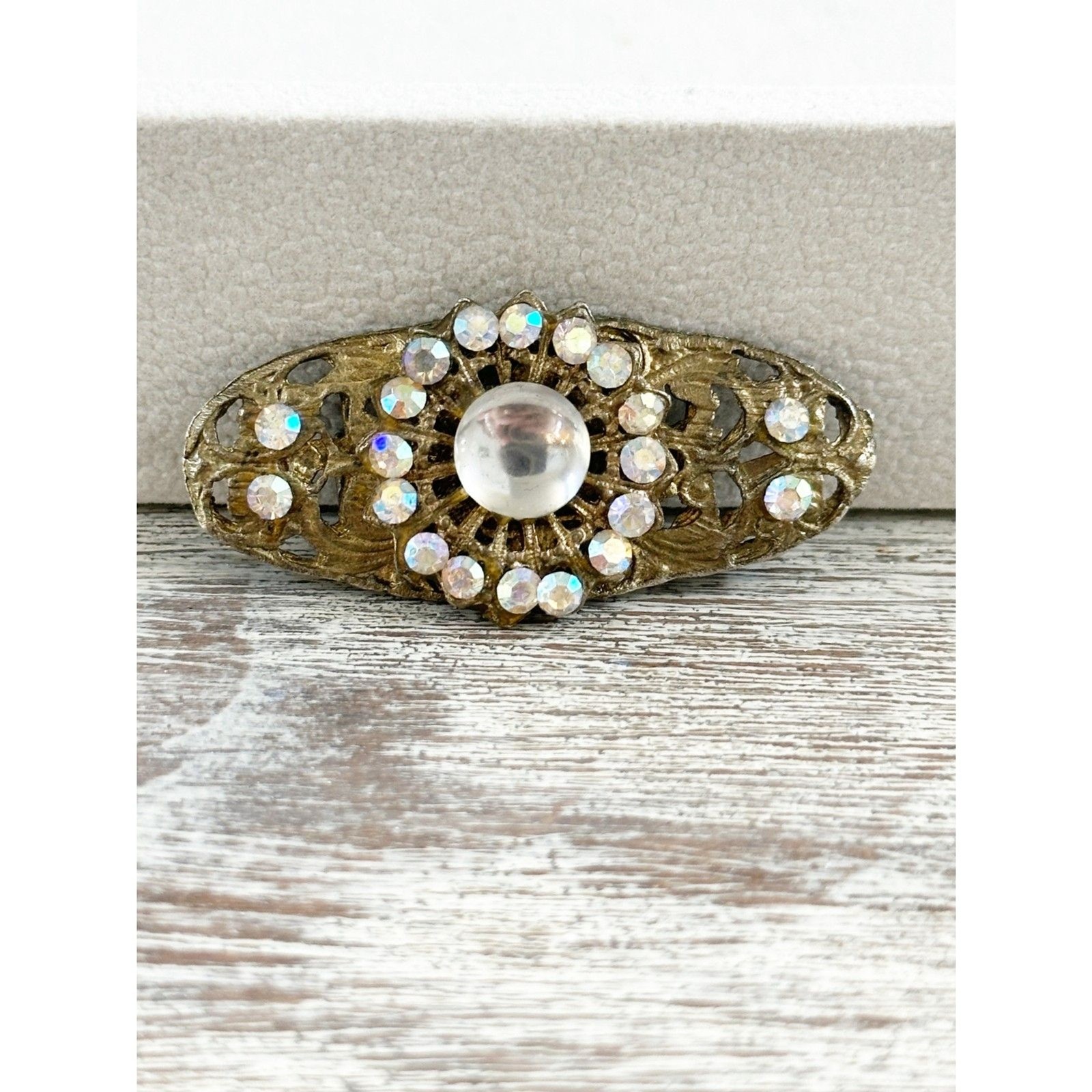 Vintage Rhinestone and Gold Tone elongated Brooch with C Clasp