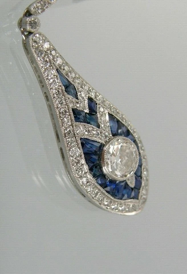 Art Deco Style Sapphire & Diamond Drop Dangle Wedding 14k White Gold FN Earrings