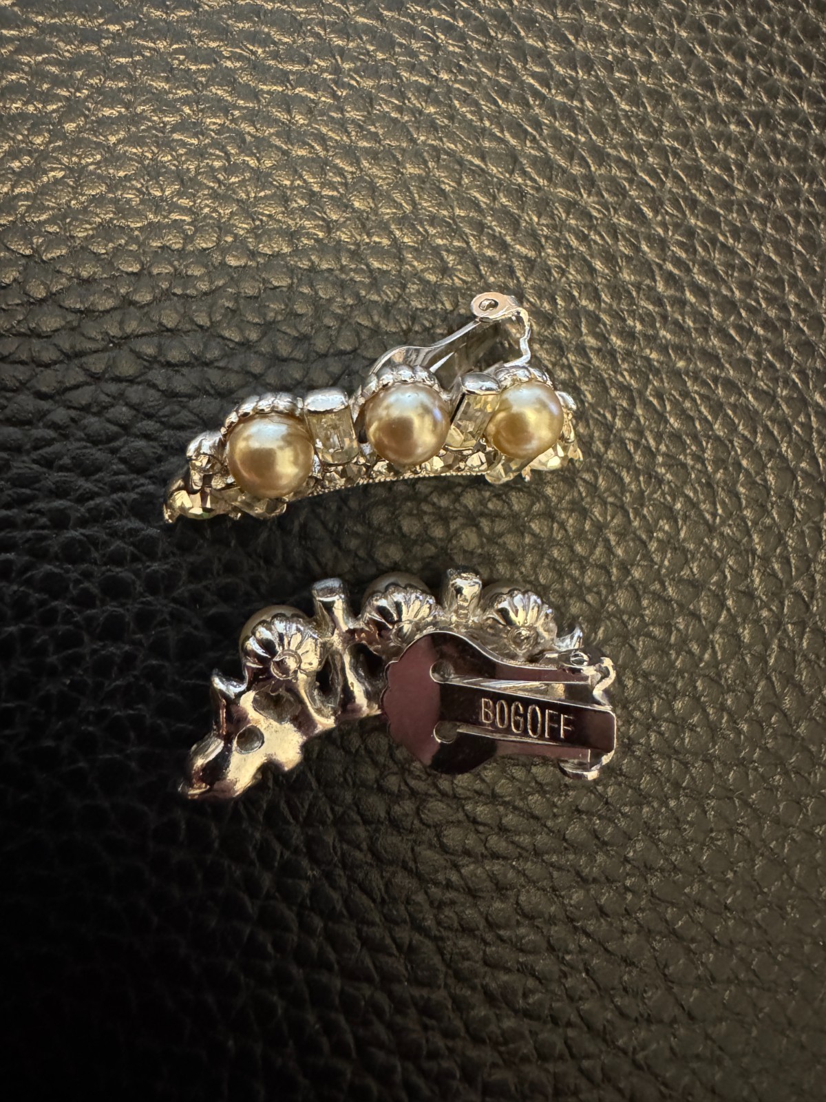Signed BOGOFF Vintage Rhinestone Faux Pearl Clip Earrings & Dress Clip Set