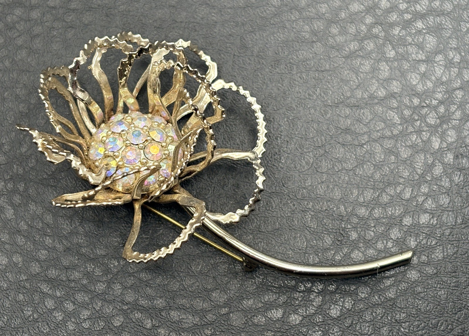 Sarah Coventry Vintage Gold Tone Aurora Borealis AB Rhinestone Flower Brooch Pin