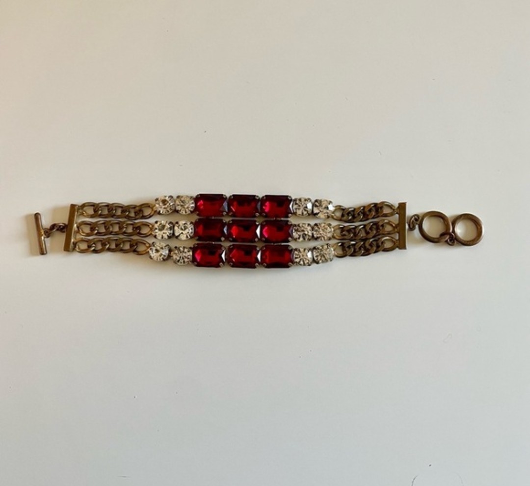 Vintage Bracelet Chain Link Gold Tone With Red & Clear Stones