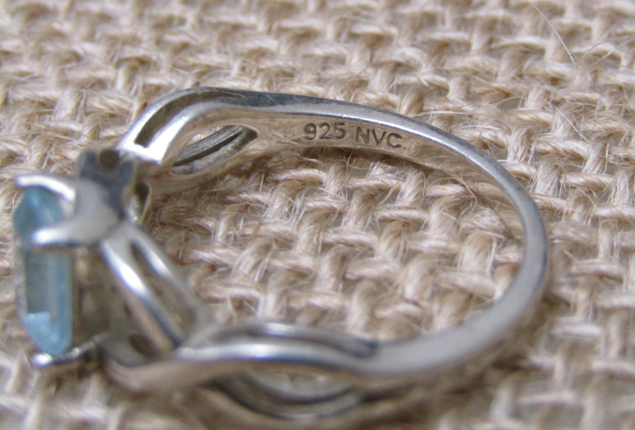Vtg Sterling Silver By NVC Emerald Cut Aquamarine Infinity Sign 925 Ring – Sz 7