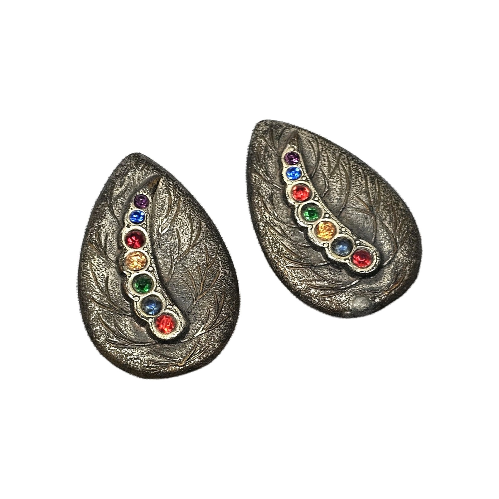 Antique Art Deco Bejeweled Metal Leaf Clip On Earrings | Appr 1.5″L & .75″W