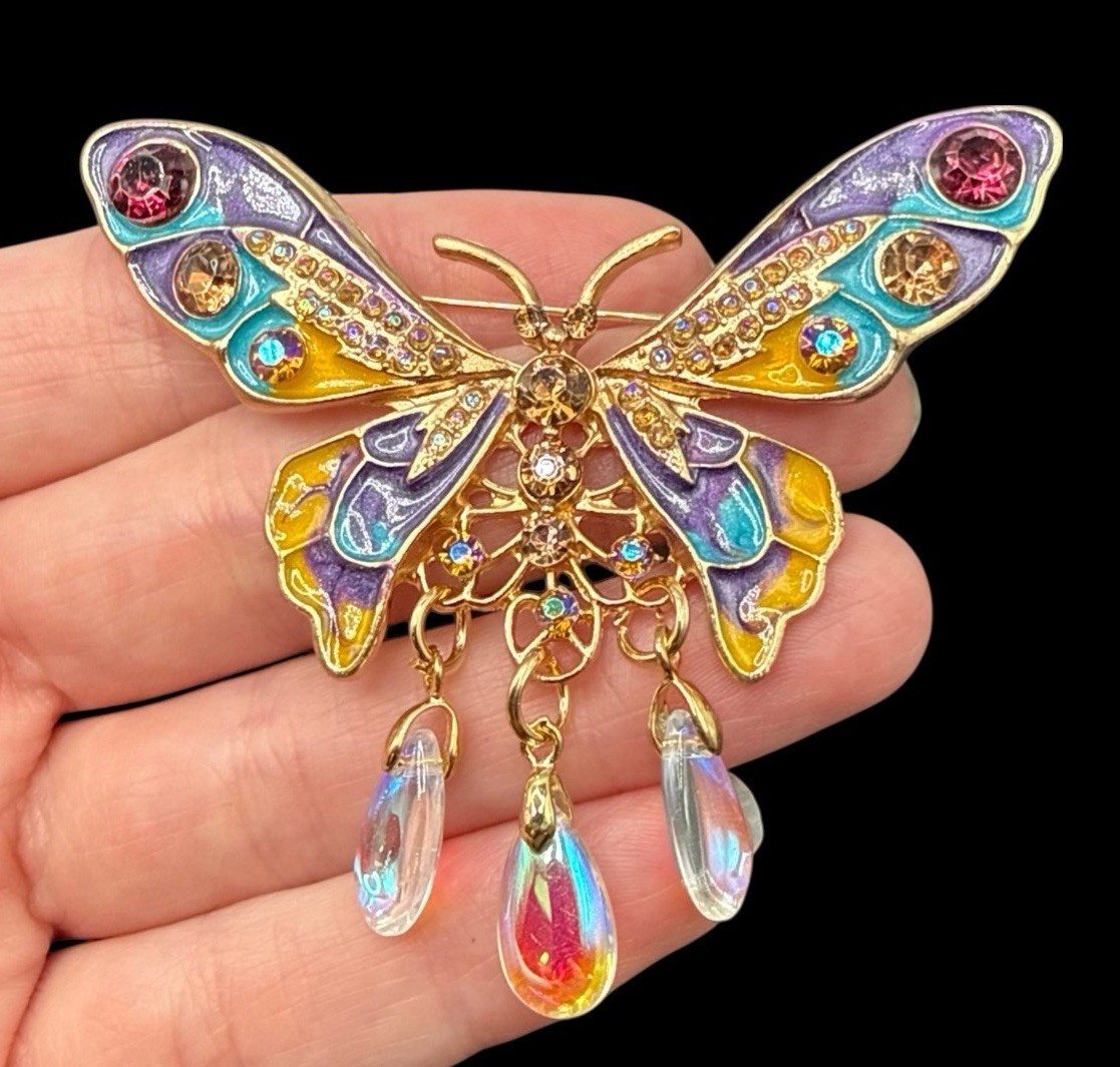 Large Butterfly Brooch Pin Purple Rhinestone Dangles Enamel D2