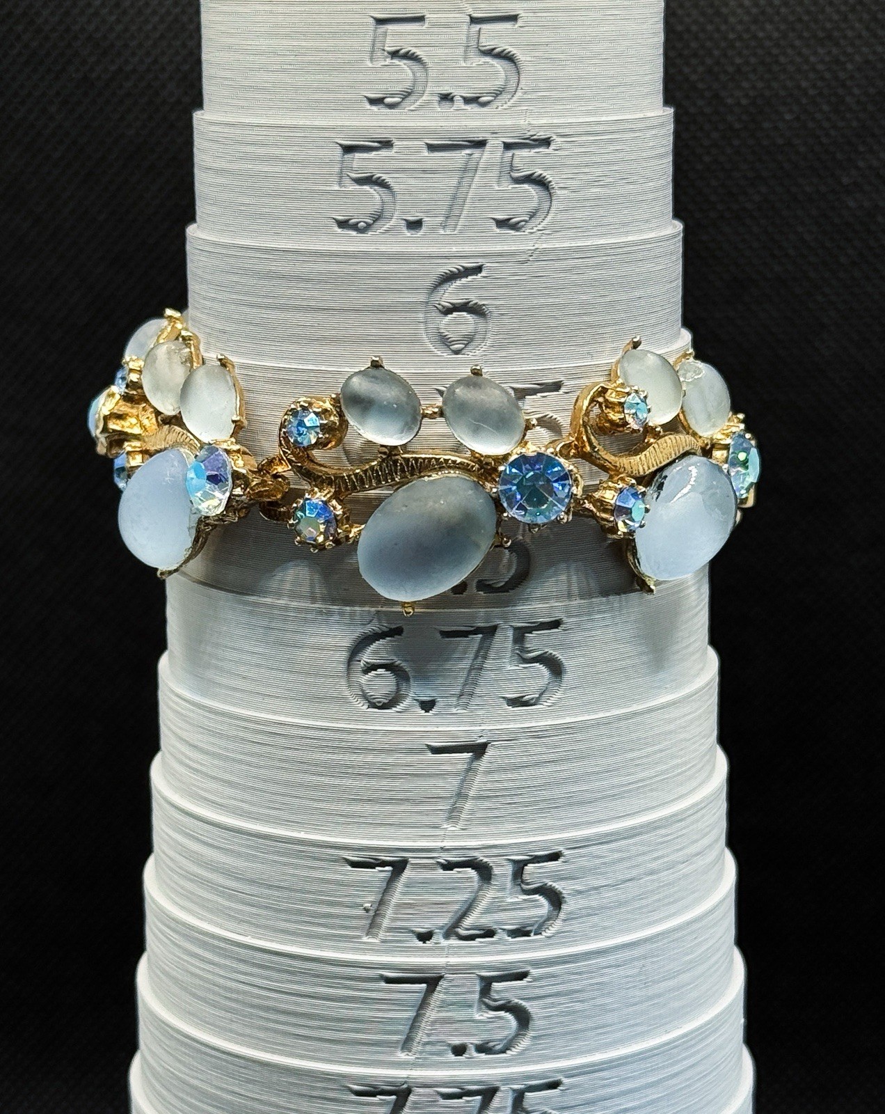 Vintage Blue Moonstone Cabochon Bracelet AB Rhinestones Gold Tone Mid Century