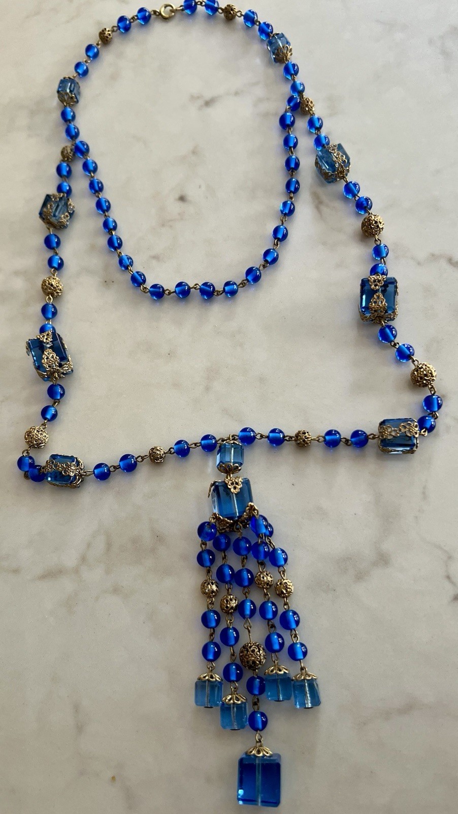 BRIGHT BLUE CRYSTAL/BRASS FILIGREE NEIGER BROS CZECH LONG VTG DECO 20s NECKLACE
