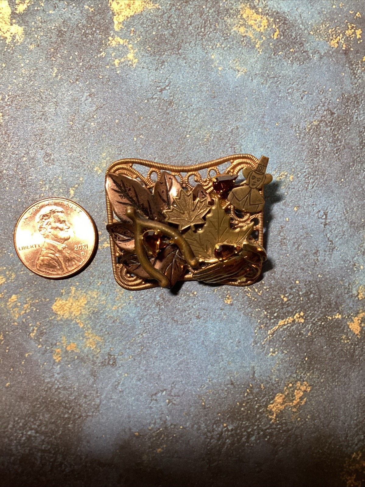 Thanksgiving Fall Leafs Pilgrim Vintage Mixed Metals Yellow Rhinestones Brooch