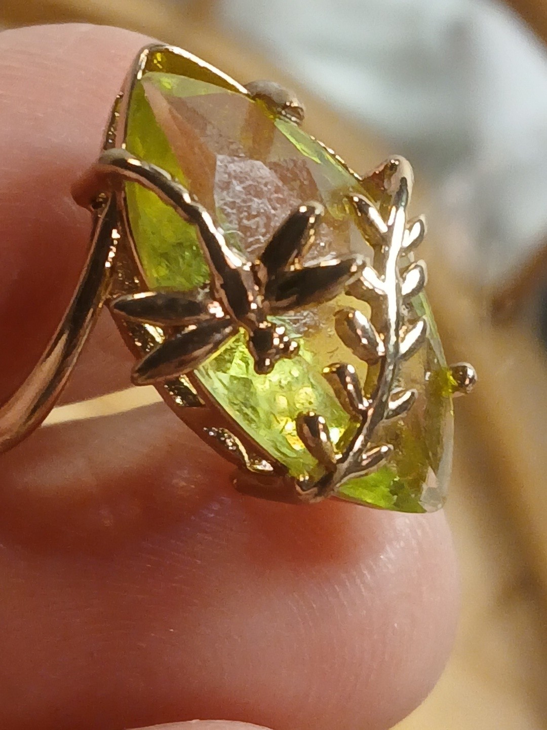 Vintage 925 Gold Vermeil Dragonfly Ring With Green Glass Marquise Stone