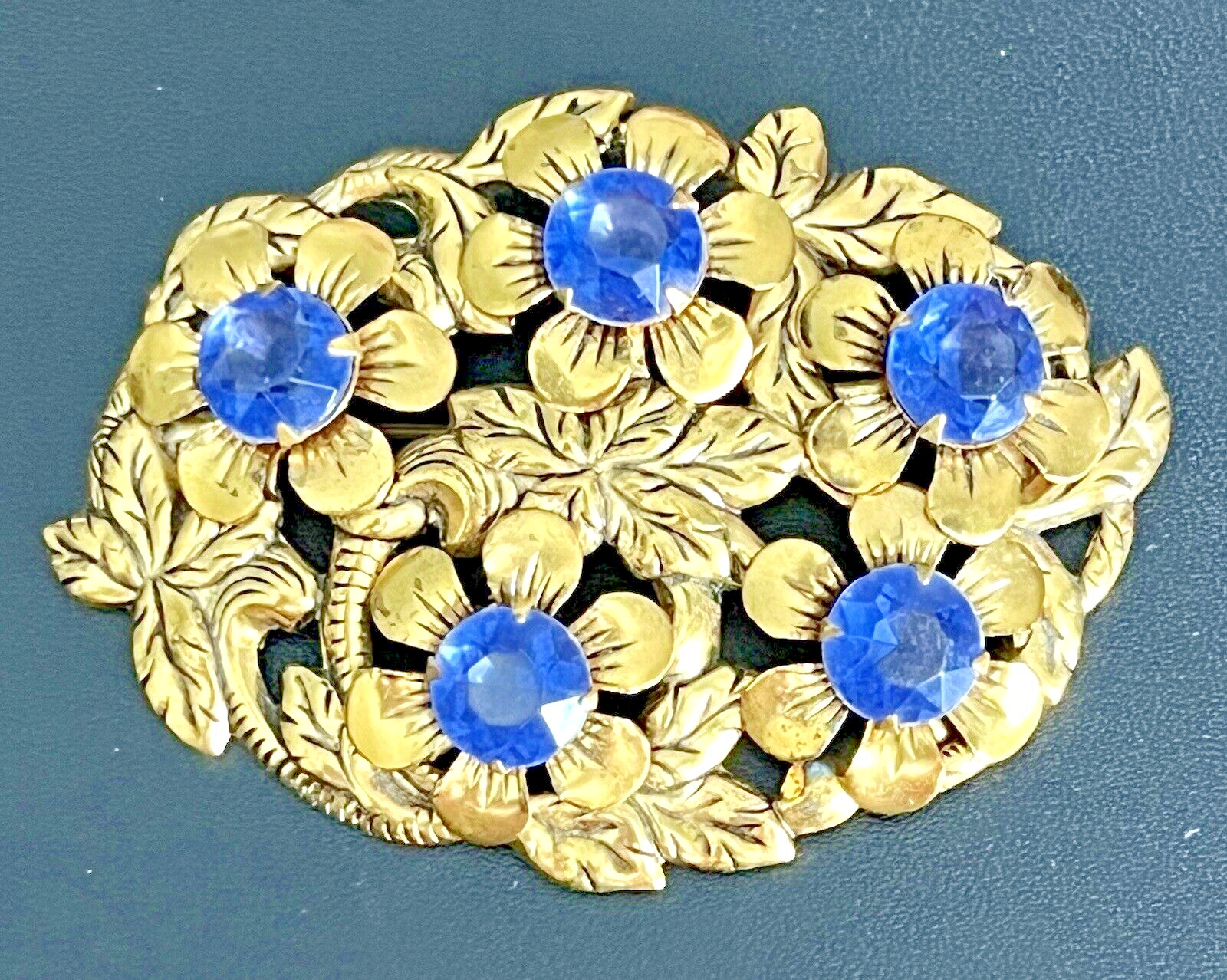 Vintage CZECH ART DECO Pin Pronged Blue Stones Gold Tone Filigree Design