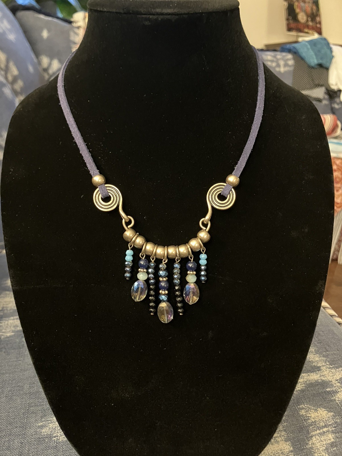 Bohemian Style Necklace Brass Toned Metal, Blue Leather, Drop Beads