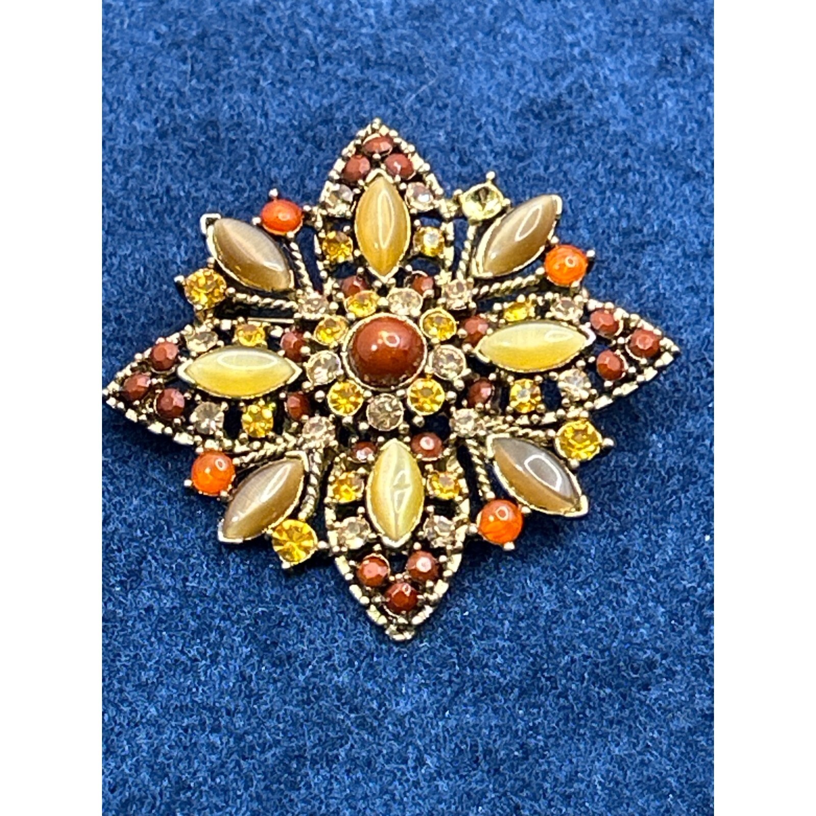 Vintage Gemstone Floral Brooch Pin Gold-Tone Base Brown & Yellow Accents