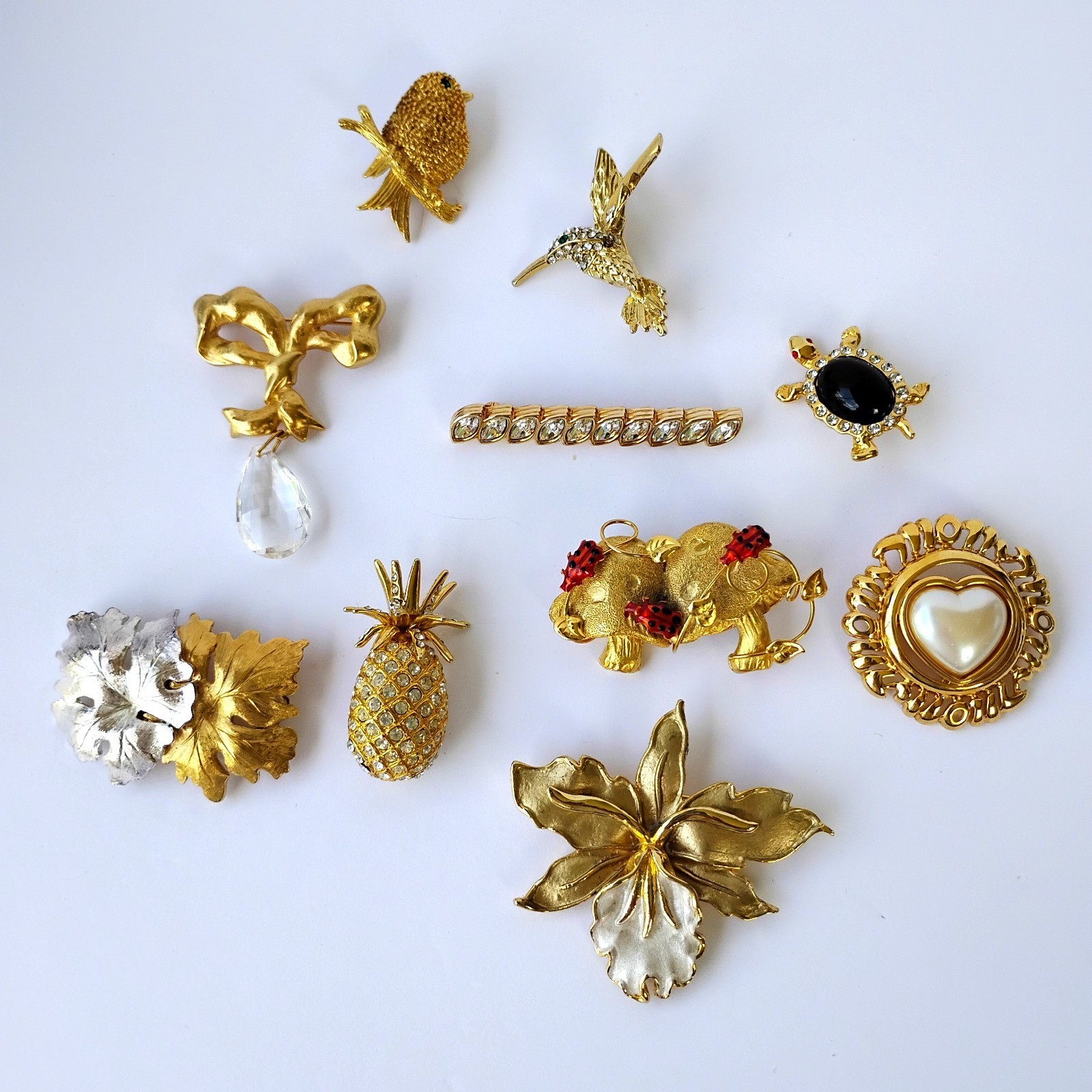 Mixed Brooch Pin Lot of 10 with Monet, Swarovski, LCI and Unmarked Gold Tone