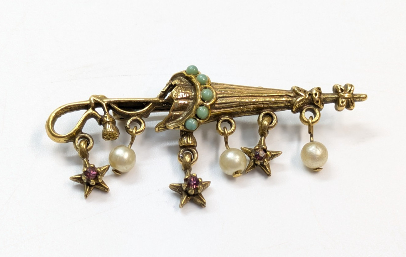 VTG Unsigned Florenza Purple Rhinestone Gold Tone Umbrella Stars Pearl Brooch 2″